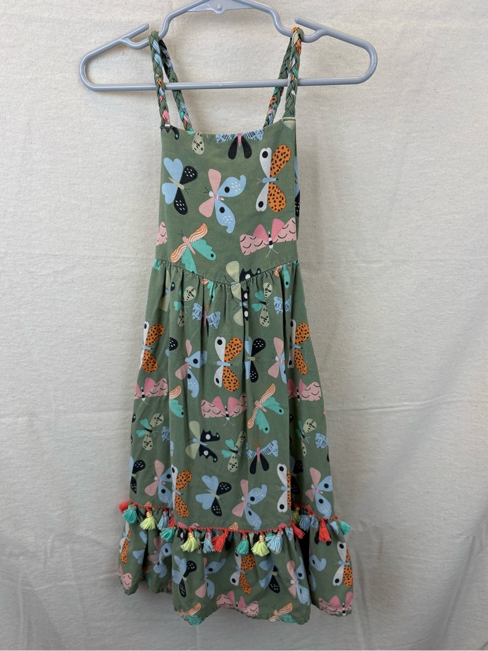 Cat & Jack Olive Green Butterfly Tassel Maxi Sundress, braided straps, runs big
